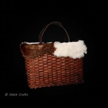 Brown Rattan Bag with Synthetic Fur